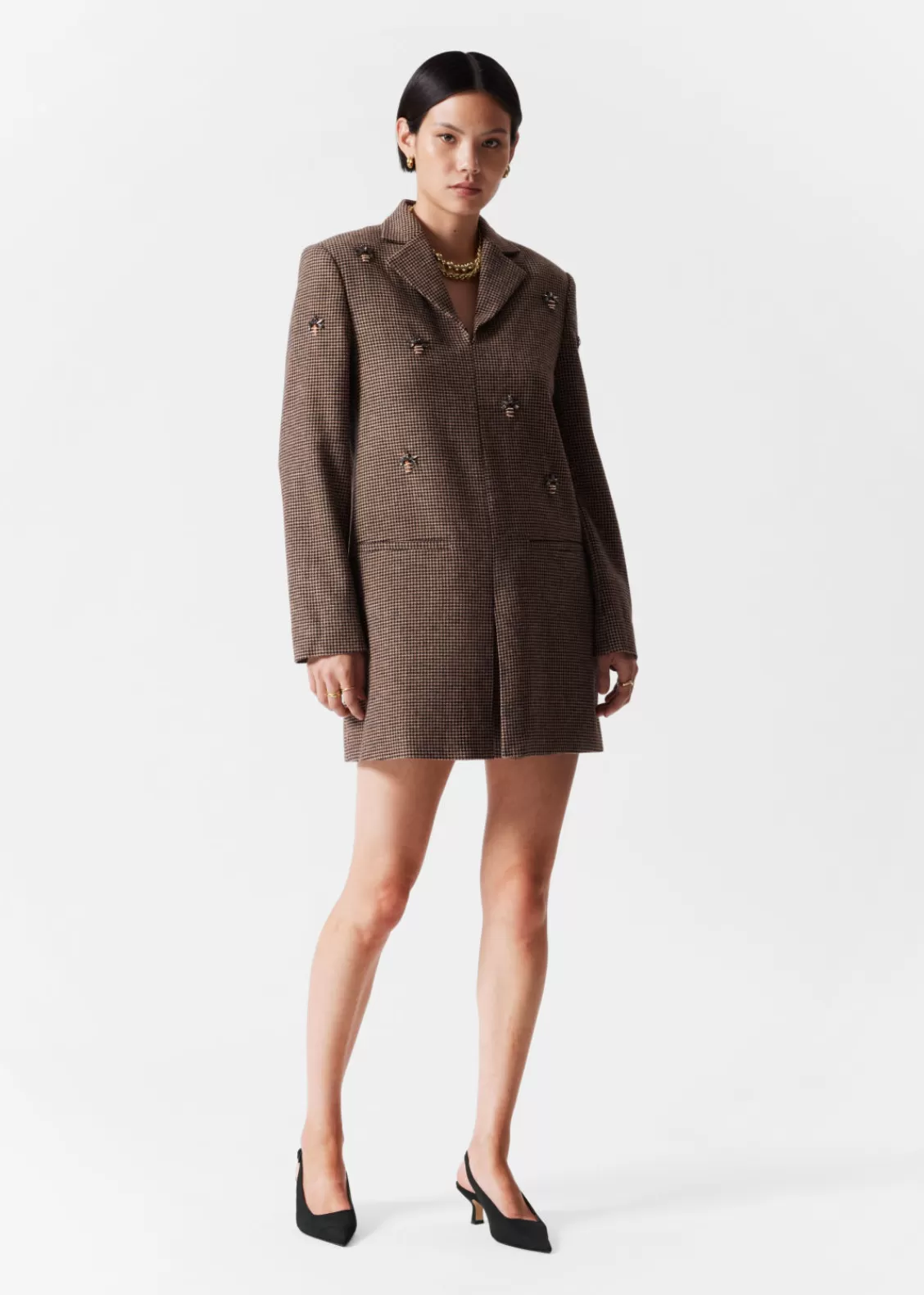 & Other Stories Dresses | Bee-Embroidered Blazer Mini Dress Brown Tweed