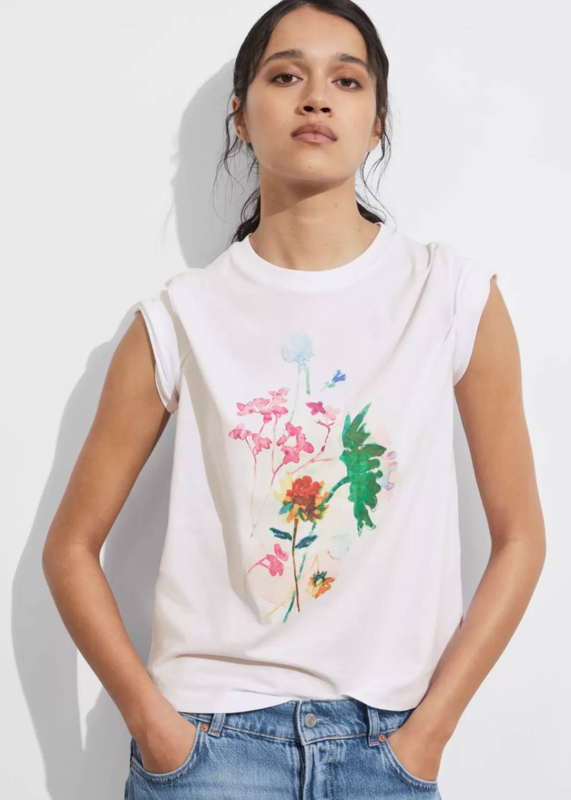 & Other Stories Tops | Floral Print Jersey T-Shirt White Floral Print