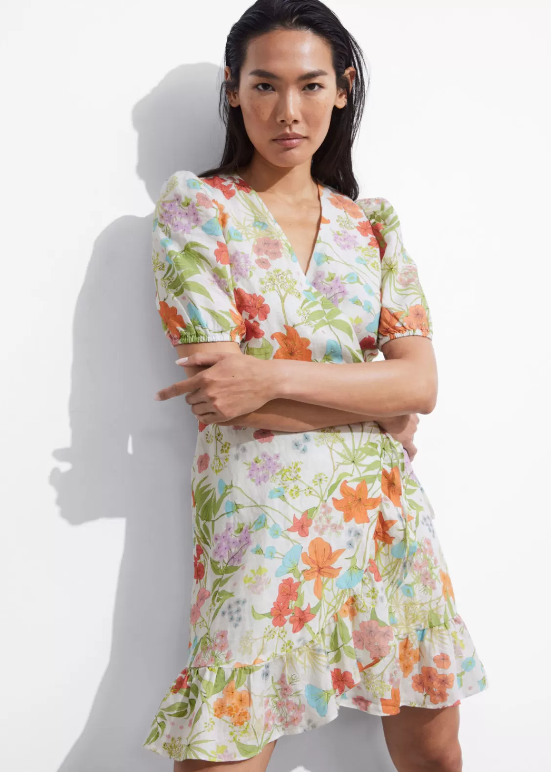 & Other Stories Dresses | Linen Wrap Mini Dress White Floral Print