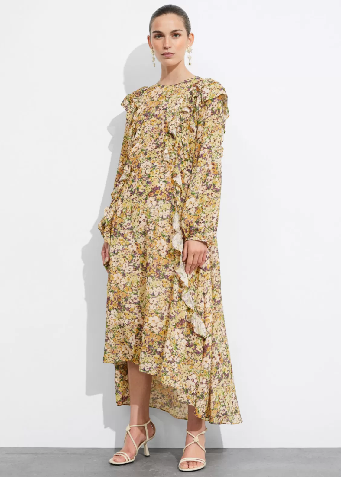 & Other Stories Dresses | Ruffle-Trimmed Midi Dress Yellow Print