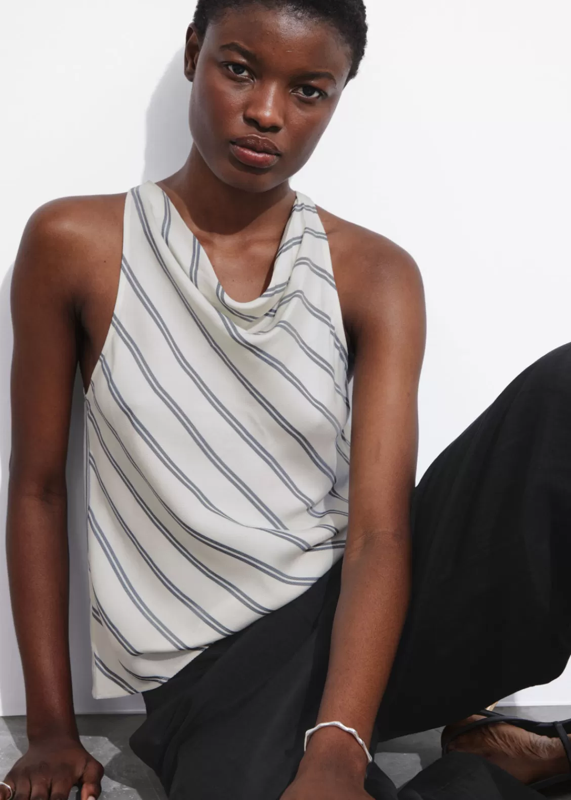 & Other Stories Tops | Slim-Fit Cowl Neck Top White/Black Striped