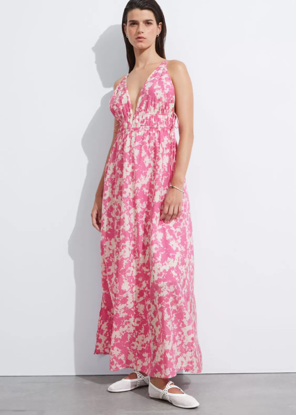 & Other Stories Dresses | Tie-Detailed V-Cut Dress Pink/White Patterned