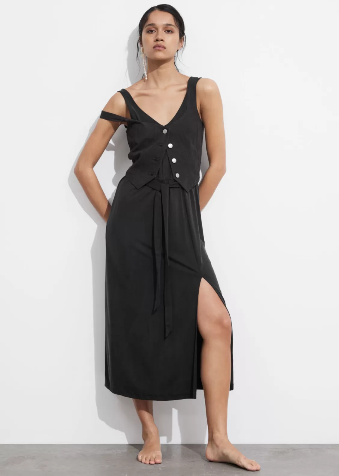 & Other Stories Dresses | V-Neck Cupro Midi Dress Black